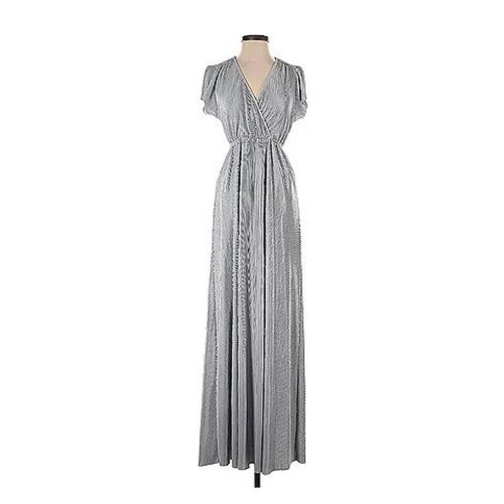 Baltic Born Silver Metallic Plissé Maxi Dress V-Neck Flutter Sleeve XS NWT